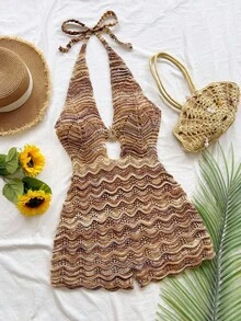 Mono de mujer con textura de ganchillo, espalda descubierta, cuello halter y escote en V, para vacaciones en la playa - Gris - Ver 1