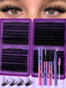 CMAYOME 640pcs Cluster Curl False Eyelashes, Create Thick And Fluffy Natural Eye Makeup Effect. Set Includes Glue, Tweezers And Eyelash Brush, Large Capacity Single Cluster Eyelash Container, DIY Fox Eye Makeup Segmented Eyelash Extension, Eye Makeup Set. - Purple - View 14