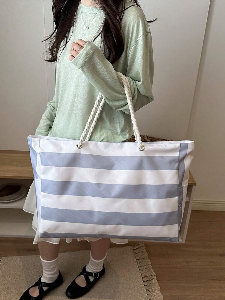 Large Waterproof Beach Tote Bag With Zipper And Sand-Proof Design, Suitable For Swimming Pool, Random Pattern, School Backpack, Portable, Large Capacity, Suitable For Teenage Girls, Women, College Students, University, Middle School, High School, Outdoor, Travel, Outing, Work, Business, Commute, Holiday, Shopping - Baby Blue - View 4