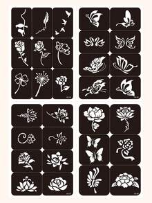 Kit de plantilla de tatuaje, 4 hojas de plantillas de tatuaje con estampado de flores y mariposas para mujeres y niñas, plantillas de henna reutilizables para manos, plantilla de tatuaje de bricolaje, pegatinas de tatuaje para pintura facial, arte corporal, - Negro - Ver 9