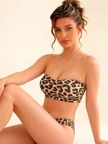 Women's Brown Sexy Strapless Bandeau Bra, Invisible Leopard Print Strapless Bra With Open Back Design, Non-Slip Wire-Free Backless Bra - Brown - View 6