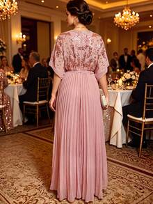 Charming Blush Pink V-Neck Maxi Dress, Half Sleeve Sequin Decorated Bodice, Flowy Pleated Skirt, Suitable For Formal Occasions - Pink - View 2