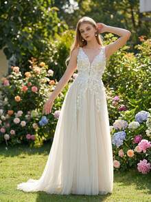YOUKEFEIER Deep V-Neck Lace Embroidered 3D Floral Applique Long Wedding Dress - Beige - View 2