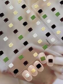 1 hoja de pegatinas cuadradas para uñas con efecto plateado, calcomanías 3D multicolor cuadradas y con tachuelas metálicas autoadhesivas para arte de uñas minimalista de verano - Multicolor - Ver 7