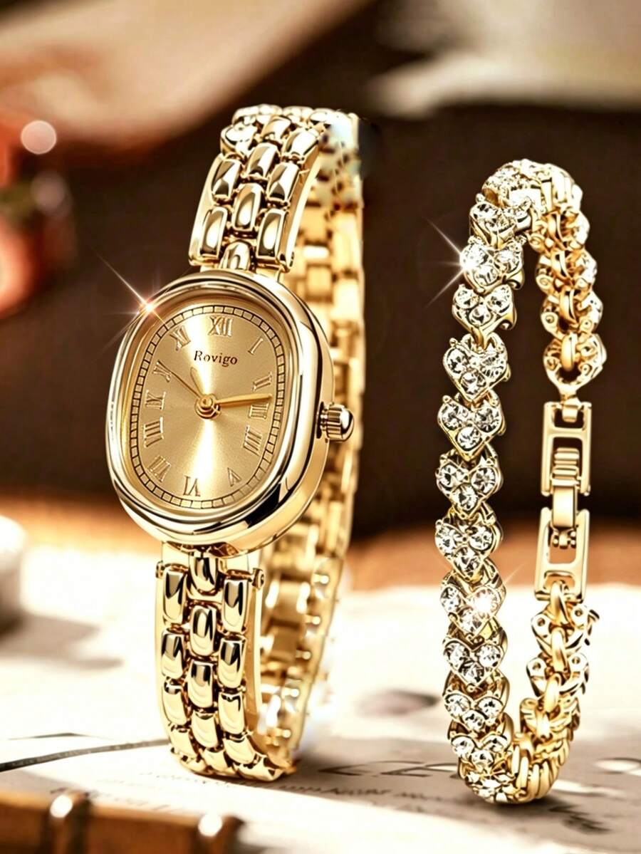 2pcs Fashion Minimalist Classic Women's Quartz Watch, Versatile Oval Roman Numeral Dial, With Chain Steel Bracelet, Paired With Luxury Rhinestone Bracelet Set, Perfect Gift Set For Women - Gold - View 1