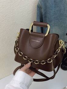 Hevel, Bolso de mano con decoración de cadena de estilo casual de negocios, adecuado para adolescentes, bolso de hombro y bandolera para mujeres estudiantes universitarias, recién llegadas al lugar de trabajo y trabajadoras de cuello blanco. Perfecto para oficina, campus, trabajo, negocios, desplazamientos, actividades al aire libre, viajes y salidas. - Café integral - Ver 3