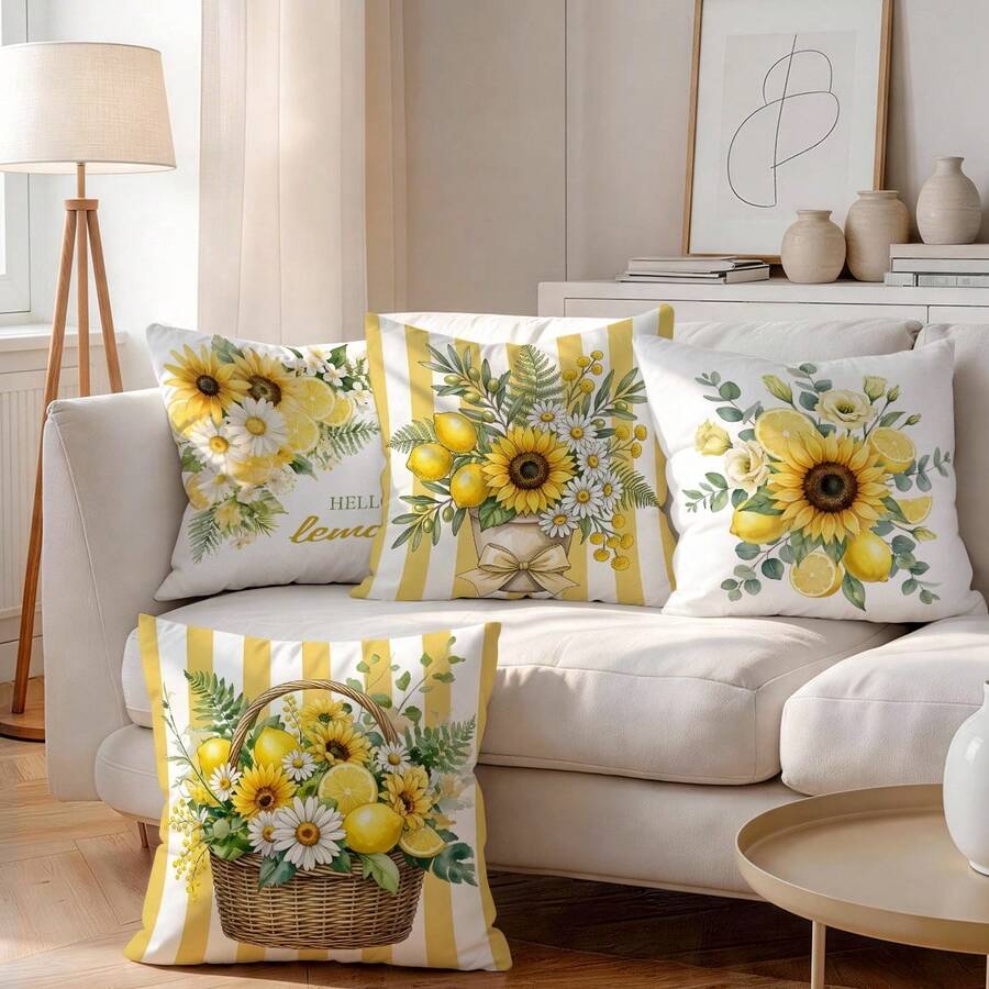 4pcs Watercolor Lemon Pattern Single-Sided Printed Pillow Covers/Cushion Covers, Multi-Scene Atmosphere Decor Pillow Covers Suitable For Living Room Sofa Bedroom, Without Pillow Insert, 40x40cm/45x45cm/50x50cm - Multicolor - View 1