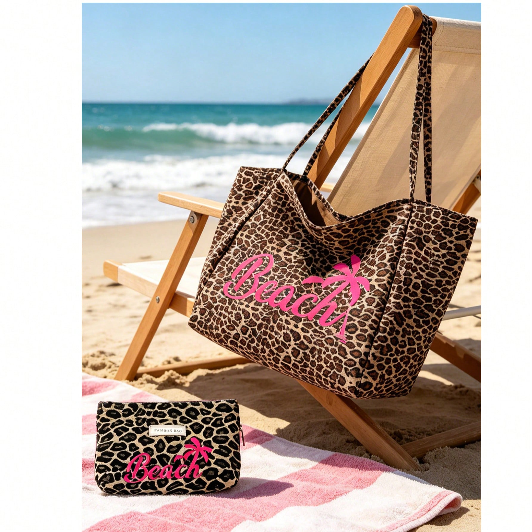 Bolsa de playa de gran capacidad con estampado de leopardo y patrón de playa y árbol de coco, bolso de hombro de moda, bolsa de maquillaje con estam