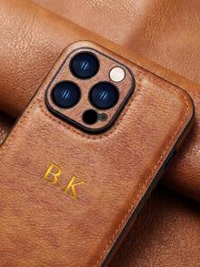 客製化手機殼，適用於 17/16/15/14/13/12/11 Pro Max/17/Air/16/15/14 Plus、S25/S24/S23/S22 Ultra Plus，個性化首字母 3D 雕刻金箔燙印 PU 皮革手機殼 - 棕色 - 查看 3