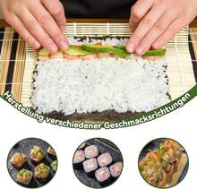 Set di 10 utensili da sushi riutilizzabili, adatto sia ai principianti che ai professionisti, composto da 3 stuoie di bambù, 5 paia di bacchette, un coltello da sushi in legno e un cucchiaio da riso. - Visualizzare 6