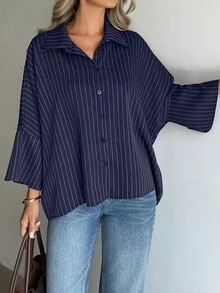 春秋款女式寬鬆條紋蝙蝠袖休閒優雅襯衫，適合日常、外出、度假穿著 - 藏蓝色 - 查看 4