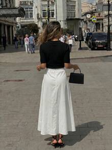Pure White High Waist Patchwork Stitching Flare Mid-Length A-Line Skirt, Casual Elegant Flowy Long Skirt - White - View 6