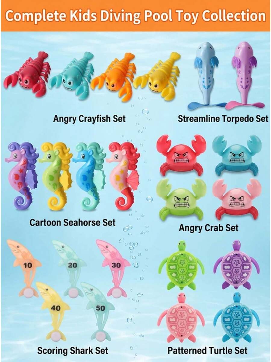 Children's Diving Toys, Pool Toys, Children's Bath Toys, Children's Water Game Toy Set, Children's Diving Arch, Underwater Treasure Hunt Toys, Sinking Toy Set, Sinking Toy Set, Underwater Gift With Storage Bag, Including Crab, Shark, Seahorse, Swimming Pool Game With Mesh Storage Bag - Multicolor - View 1
