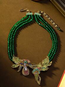 Vintage-Style 3D Fly & Flower Design Elegant Luxury Niche Exquisite High-End Fashion Jewelry Necklace And Ear Studs/Ear Clips, Made Of Alloy And Gemstone Accents, Suitable For Banquets, Parties, Vacations, Travel, Vintage-Themed Gatherings, And Daily Commute, Premium Gift For Girlfriend Or Best Friend - Multicolor - View 10
