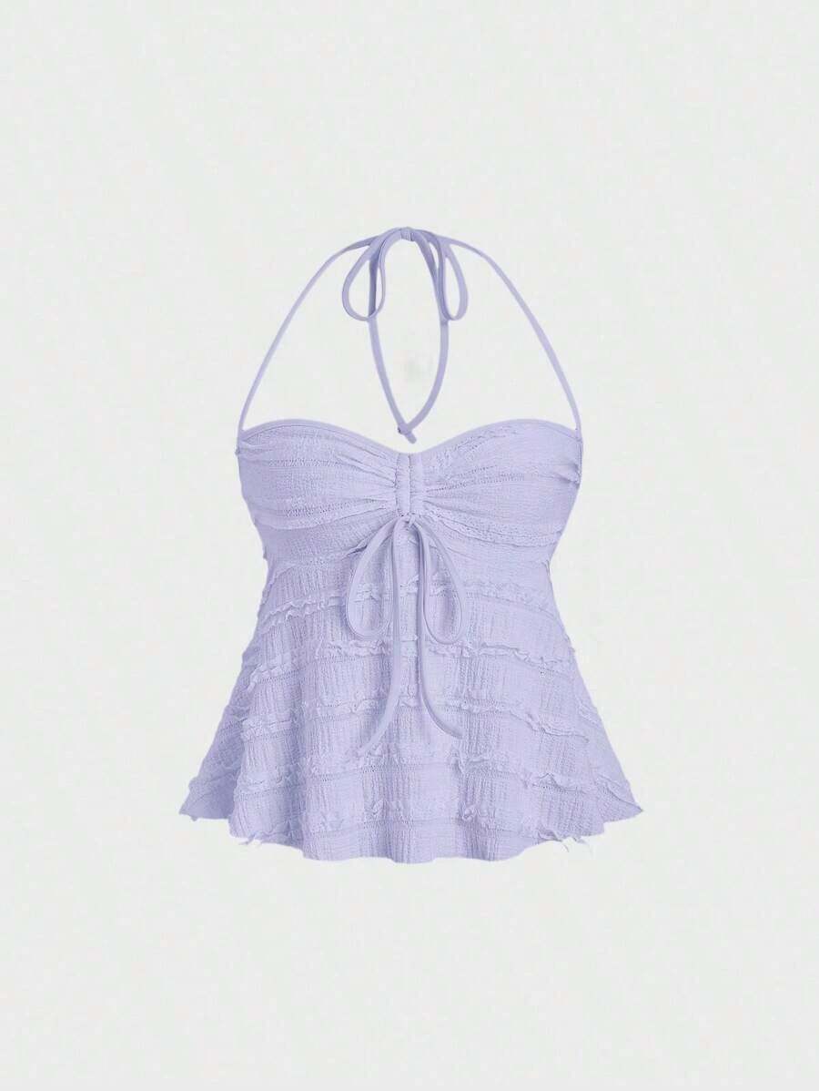 Solid Color Halter Tops With Drawstring At The Bust, Y2K Style For Women - Light Purple - View 1