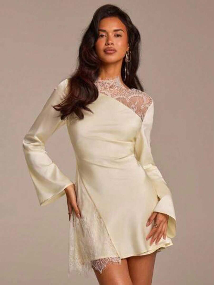 Vestido mini de mujer con mangas acampanadas, encaje y parches, de color amarillo claro. Vestido casual, de vacaciones, fiesta, boda y románt - Amarillo claro - Ver 1