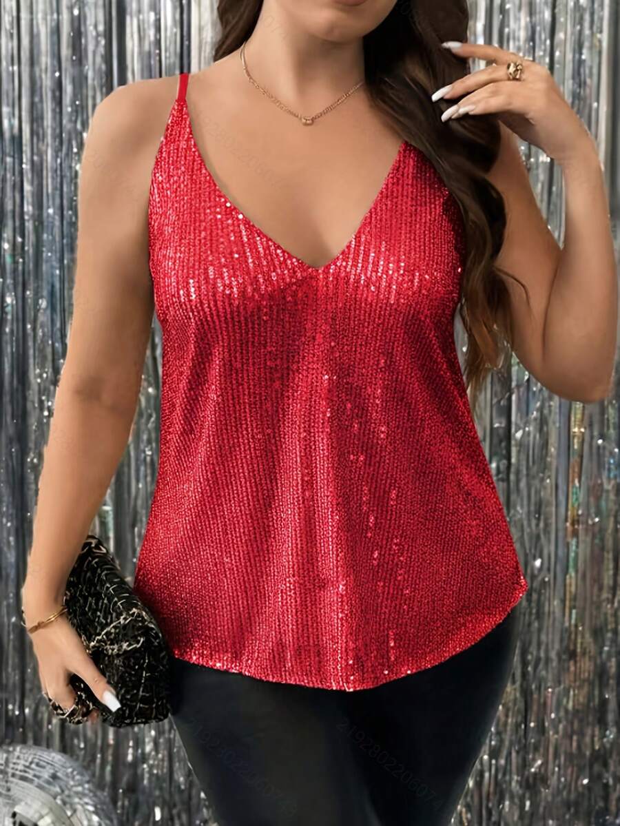 Talla Grande - Talla Grande - Cami de tirantes finos con lentejuelas, cuello en V y diseño occidental transfronterizo - Rojo - Ver 1