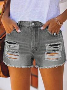 European And American Spring/Summer New Design Personalized Street Ripped Straight Washed Frayed Hem Women Denim Shorts Casual - Light Grey - View 4
