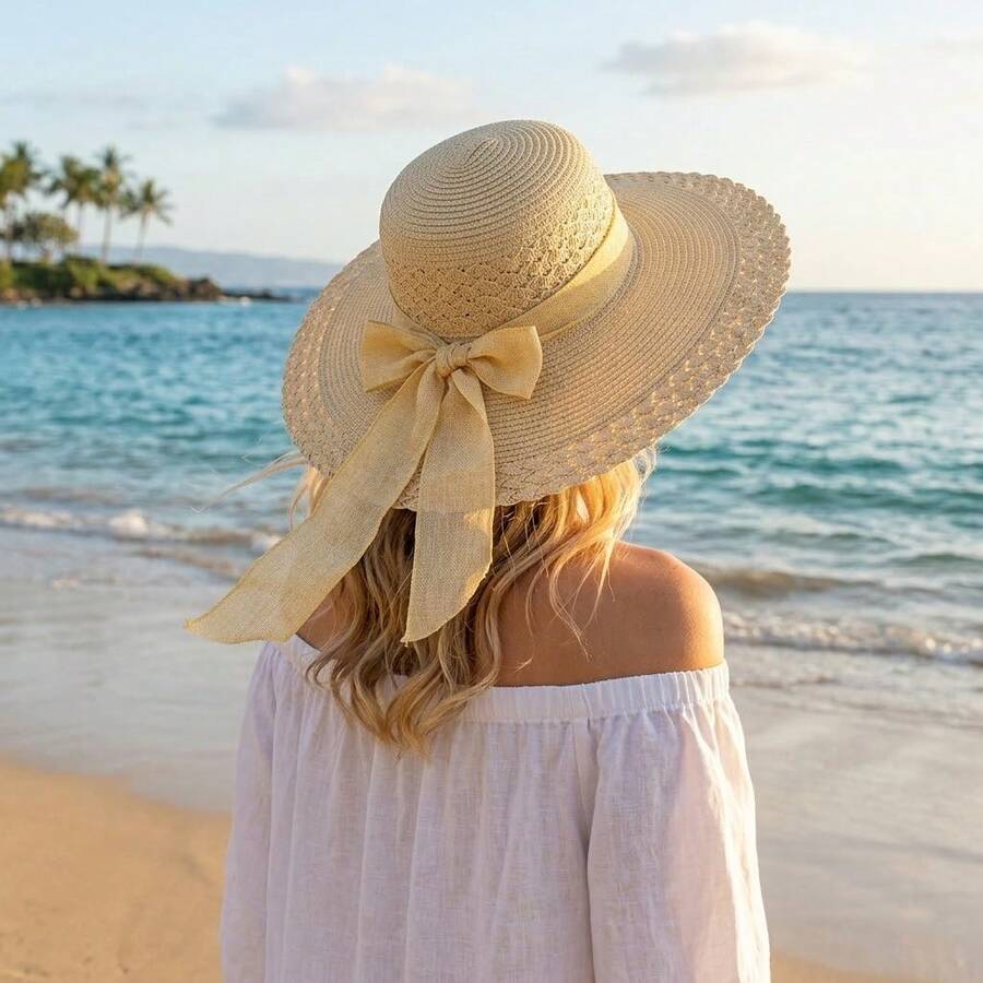 BONNY BOOM 1件女款蝴蝶結沙灘帽,夏季海灘度假旅行寬邊防曬帽,多功能大帽簷遮陽帽,戶外時尚個性化 - 三股辨-草帽 - 查看 1