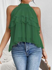 Blusa de gasa con volantes asimétricos y cuello suelto - Verde - Ver 4