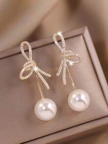 1 Pair Of Bow Faux Pearl Earrings With A Fashionable And High-End Feel Suitable For Women's Daily Commuting ﻿ - Gold - View 1