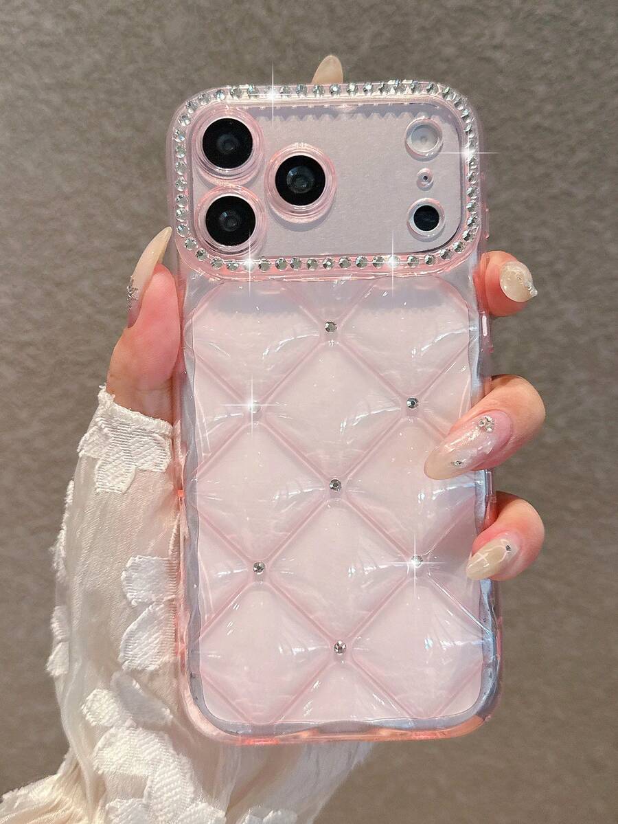 透明粉色水鑽鑽石格紋手機殼，適用於 iPhone 17 Pro Max/17 Pro/17/16 Pro Max/16/16 Pro/16 Plus/15/15 Pro Max/15 Pro/15 Plus/11/12/13/14 Pro Max/12 Pro/12 Pro Max/13 Pro/13 Pro Max/14 Pro/14 Pro Max/14 Plus，全包防震軟保護殼，高端美學風格