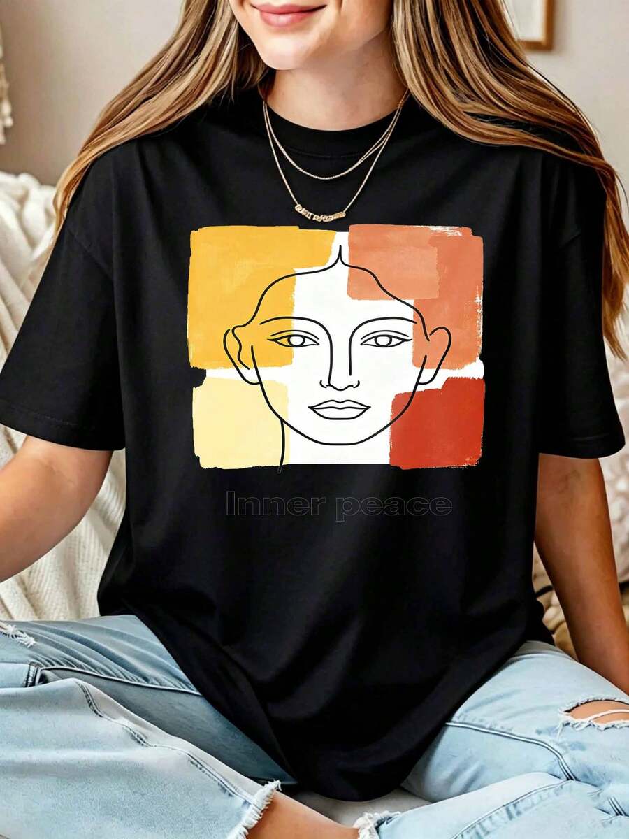 Abstract Faces, Inner Peace Women's T-Shirt - 黑色 - 查看 1