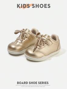 1 Pair Low-Top Round Toe Flat Sneakers For Toddlers And Young Children, Woven Lace-Up Design With Decorative Line Pattern, Minimalist Gentle Style, Suitable For Daily Wear, Holiday Outings, First Birthday Looks And More [Choose By Actual Cm Inner Length] - Gold - View 4