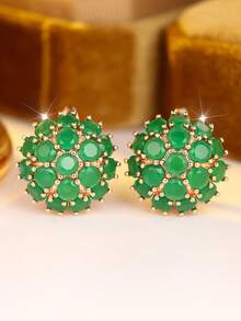 1 Pair Exquisite Cubic Zirconia Flower Earrings, Elegant Stud Earrings, Cluster Flower Design, Suitable For Weddings And Parties - Golden Yellow + Green - View 4