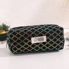Trousse à crayons style Ins très attrayante avec motif de grille de losanges à paillettes, sac de papeterie en canevas grande capacité pour étudiants, pochette de rangement minimaliste résistante à la saleté - multicolore - Voir 5