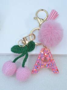 1pc Resin Starry Sky Epoxy English Letter Keychain With Tassel And Black Fur Ball Decoration, Heart Pendant Gift For Friend And Mom - Baby Pink - View 20