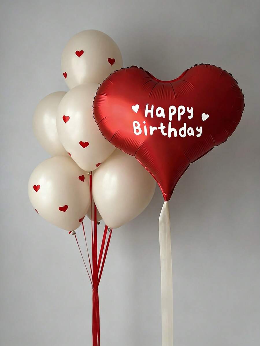 Red Heart-Shaped Balloons Paired With Latex Balloons, Valentine's Day Decorations, Romantic Decorations For Special Nights, Birthday Decorations, Wedding Decorations, Anniversary Decorations, Proposal And Engagement Decorations, Atmosphere Setup, Party Decorations. - Red Heart-shaped Stickers and Sand-white Latex Balloons - View 1