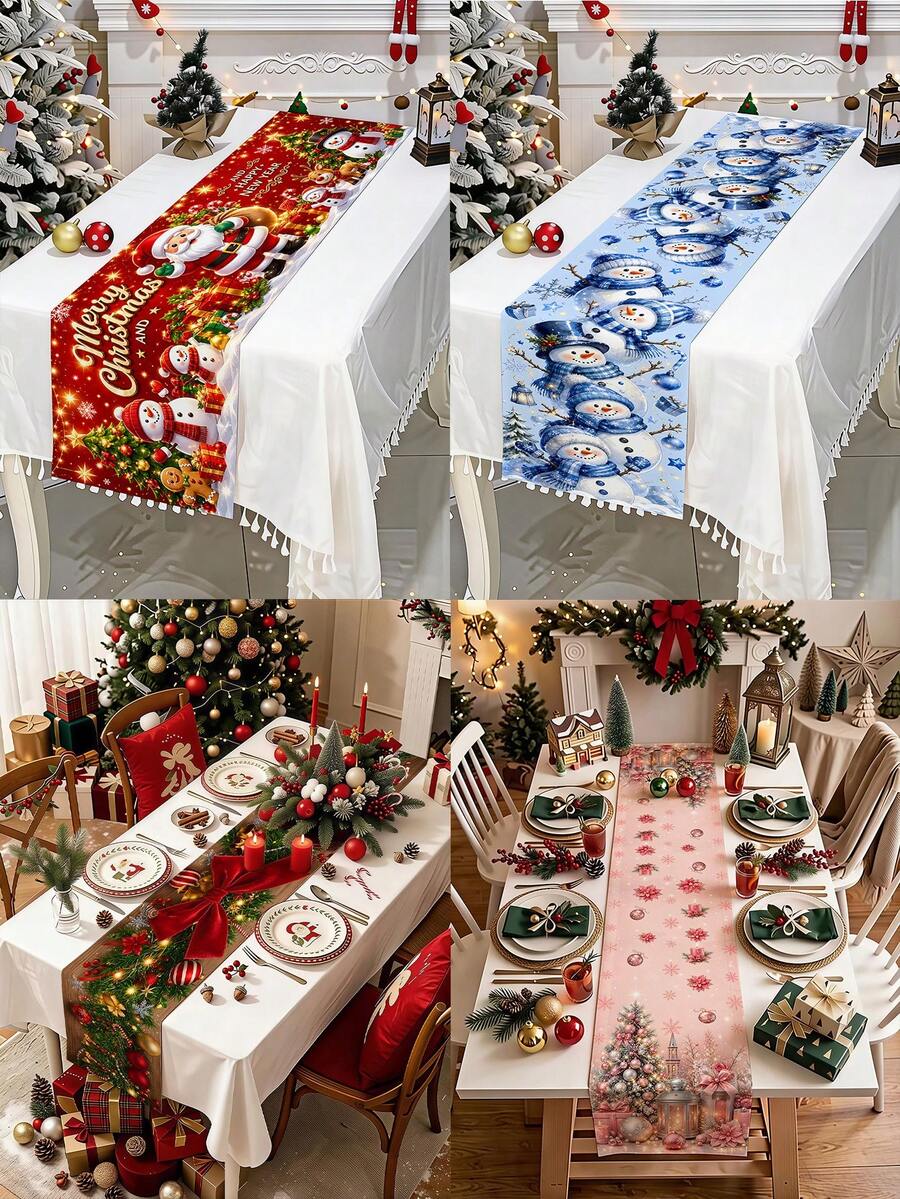 1pc 35*180cm/13.78*70.87inch Christmas Decorative Polyester Table Runner, Christmas Tree, Snowflake, Poinsettia, Bell, Gift Box, Bow, Snowman, Red Berry, Santa Claus Cartoon Pattern Design, Suitable For Home Dining Table Holiday Decor, Festive Atmosphere Christmas Tablecloth, Desktop Decorative Fabric - Multicolor - View 1
