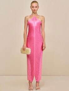 Vestido largo de fiesta con flecos, escote halter y abertura trasera - Rosa Fucsia - Ver 1