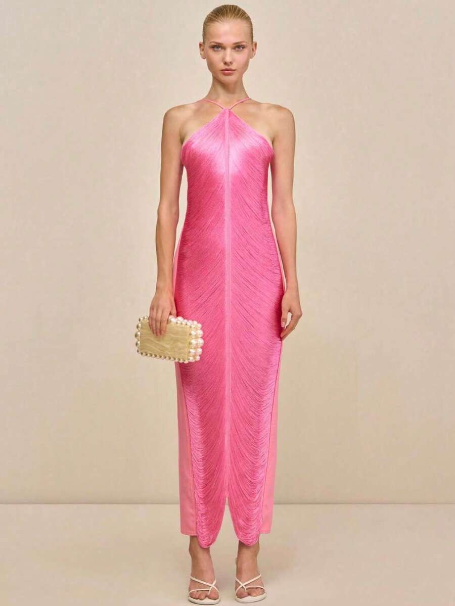 Vestido largo de fiesta con flecos, escote halter y abertura trasera - Rosa Fucsia - Ver 1