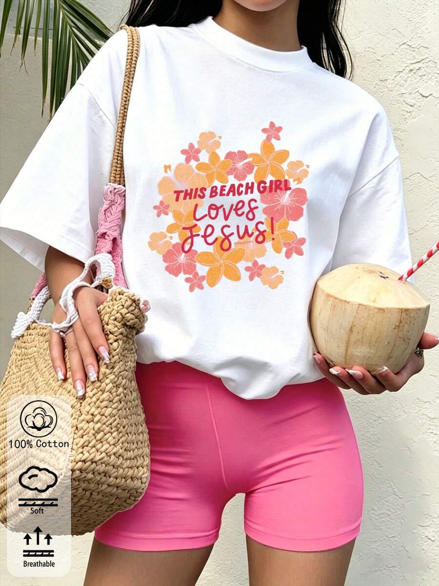 Neuestes ModellDamen-T-Shirt aus 100 % Baumwolle – mit Blumendruck, Rundhalsausschnitt, Kurzarm für lässige Sommerausflüge; Locker und faul - Weiss - Übersicht 1