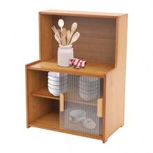 GRANDMEI 45cm Kitchen Storage Cabinet with Sliding Doors, Freestanding Countertop Adjustable Shelves Bamboo Organizer for Dishes, Spices, Cups,22lbs/Shelf (Tawny, Semi-Clear) - Braun, Halbtransparent - Übersicht 1