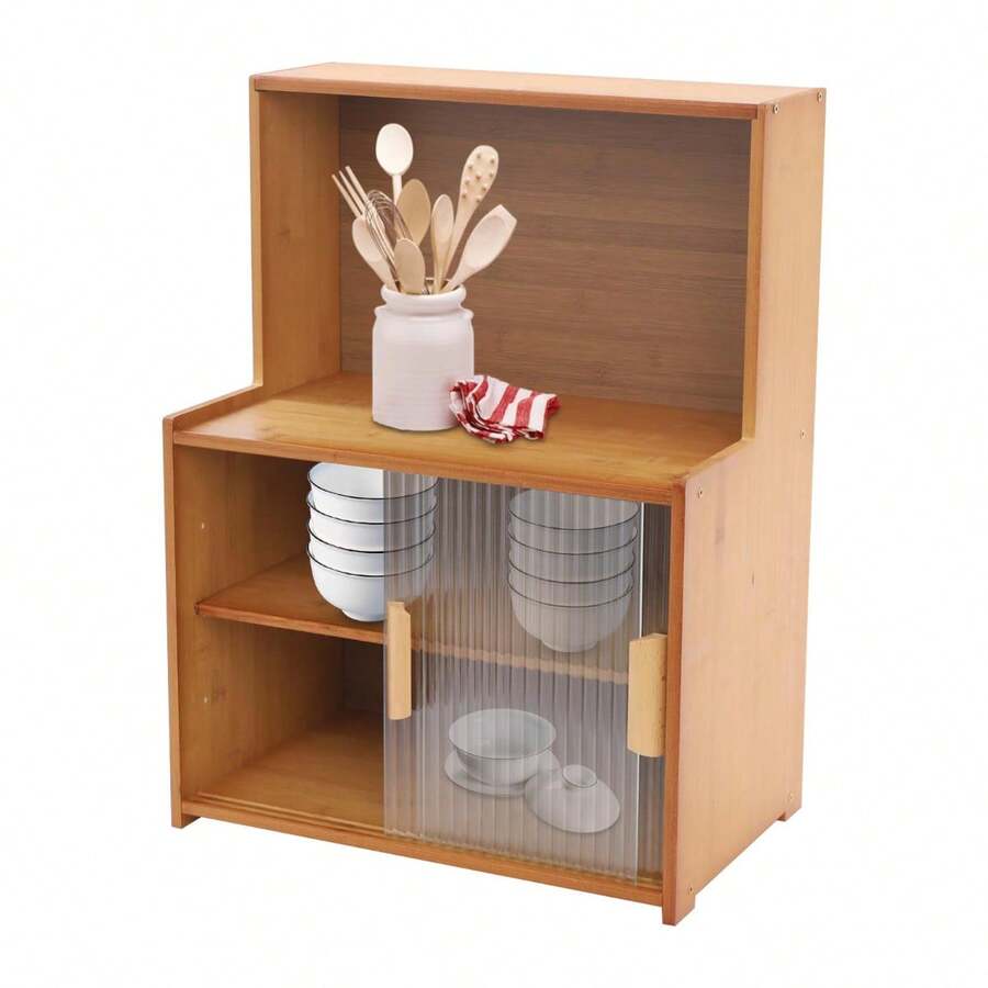GRANDMEI 45cm Kitchen Storage Cabinet with Sliding Doors, Freestanding Countertop Adjustable Shelves Bamboo Organizer for Dishes, Spices, Cups,22lbs/Shelf (Tawny, Semi-Clear) - Braun, Halbtransparent - Übersicht 1