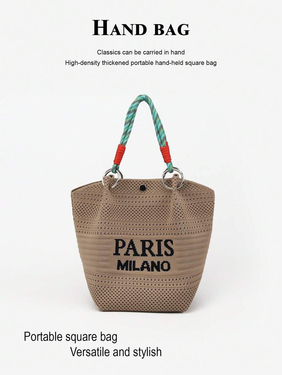 This Color-Block Casual Women's Handbag Features Black And White Woven Rope Handle Design, Perfect For Working Women, Teachers And Students - Brown - View 1