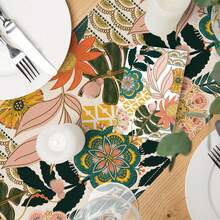 1 pieza Camino de mesa de lino con textura de estampado floral tropical bohemio, camino de mesa decorativo con patrón geométrico de mandala y hojas para comedor, cocina, mesa de café, decoración del hogar y fiestas - Multicolor - Ver 3