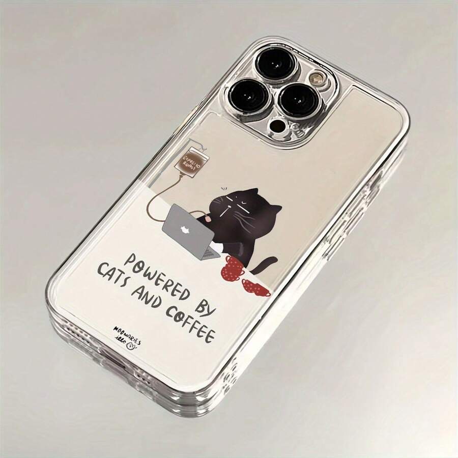 Funny Cat Pattern Phone Case Drinking Coffee While Working, Suitable For IPhone - Clear - View 1