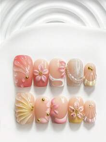 10片裝軟妹風手工穿戴甲，Polygel美甲套組，手工3D五瓣花、白色珍珠、粉色與黃色指甲油，夏季風格，附美甲工具，3種尺寸可選：方形、短方形、杏仁形，適合派對、跳舞、日常配戴 - 彩色 - 查看 16