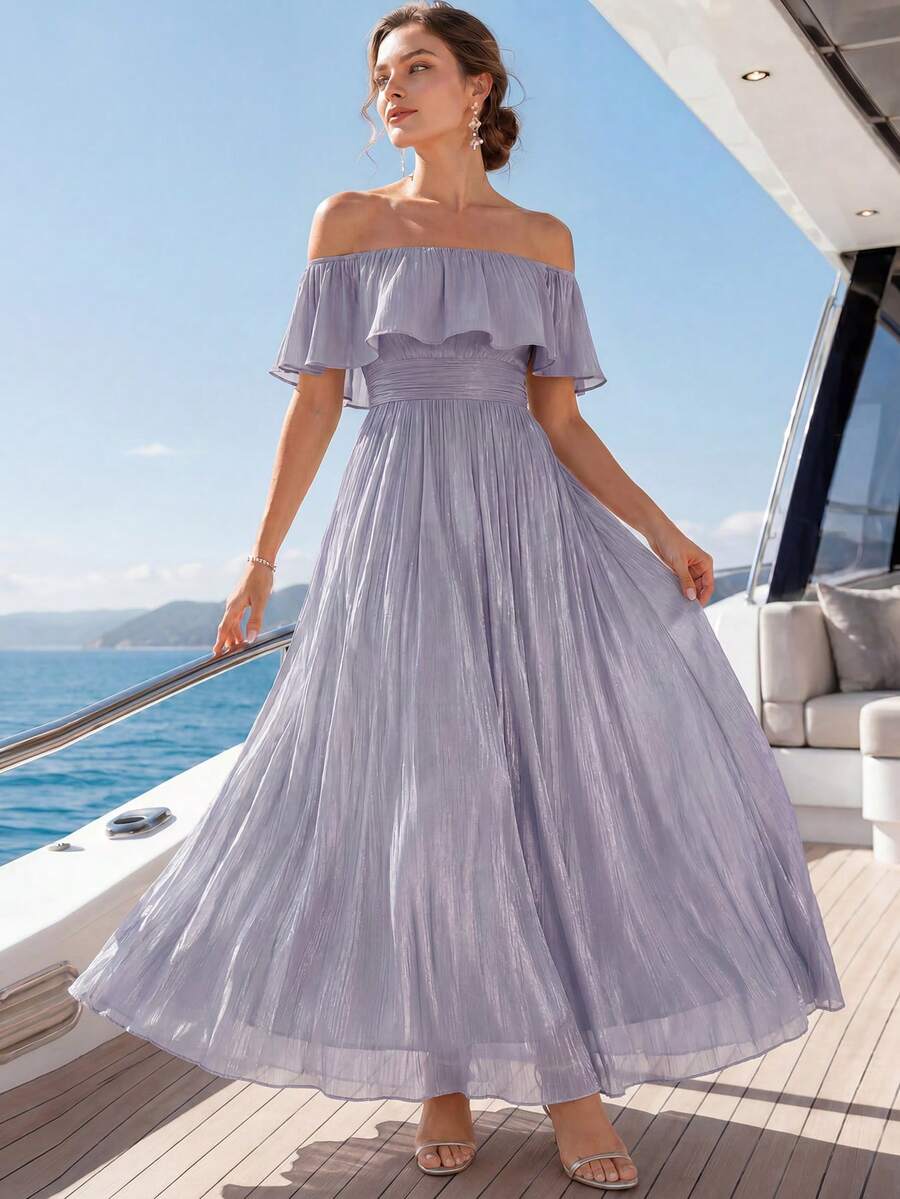 EVERPRETTY Elegant Sparkling Off-Shoulder Ruffle Glitter Flowy Bridesmaid Dress For Beach Wedding, Light Color Palette, Evening Party
