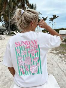 T-shirt a maniche corte in stile retrò americano con stampa a righe, morbida e dalla vestibilità ampia, perfetta per il brunch del domenica da donna, un capo energico e comodo per incontri del fine settimana, caffè e uscite in città. - Bianco - Visualizzare 1