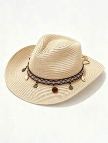 Women's Boho Straw Cowboy Sun Hat, Wide Brim UV Protection Beach Hat With Shell & Pom Pom Band, Breathable Summer Vacation Travel Cap - Pom-pom Geometric Straw Hat - View 6