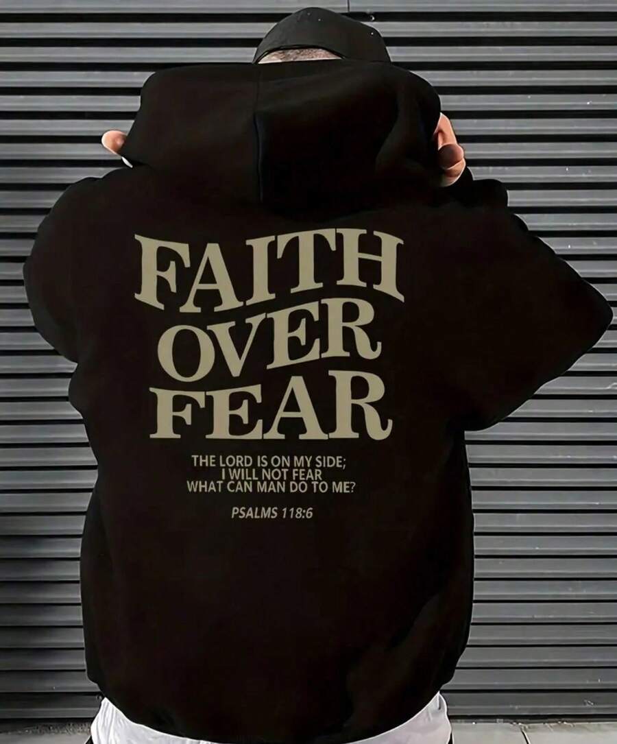 Sudadera de manga larga con capucha y cordón para hombres de poliéster con estampado de faith over - Sudadera acolchada para otoño/invierno - Negro - Ver 1