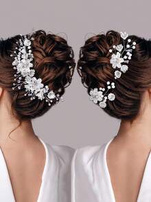Juego de 3 piezas de peineta y horquilla para el cabello de novia, tocado para mujer con decoraciones de flores y strass, accesorios para el cabello de boda para fiestas - Plateado - Ver 8