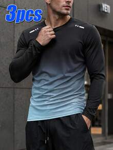 3 Buah Kaos Pria Lengan Panjang Leher Bulat Gradien Cepat Kering, Cocok untuk Olahraga, Kebugaran, Latihan, Lari, Aktivitas Luar Ruangan, dan Pemakaian Sehari-hari - MultiWarna - View 7