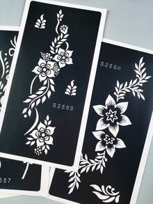4pcs Vintage Floral Tattoo Stencil Set, Reusable Henna Hollow Stencils, Beginner DIY Body Painting Templates For Daily, Vacation, Wedding - Black - View 6