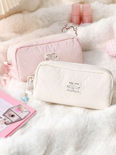 1pc Minimalist Plain Color Pencil Bag, Cute Cartoon Dog & Cat Simple Design, Large Capacity, High Aesthetic Pencil Pouch, Suitable For School, Office And Daily Use